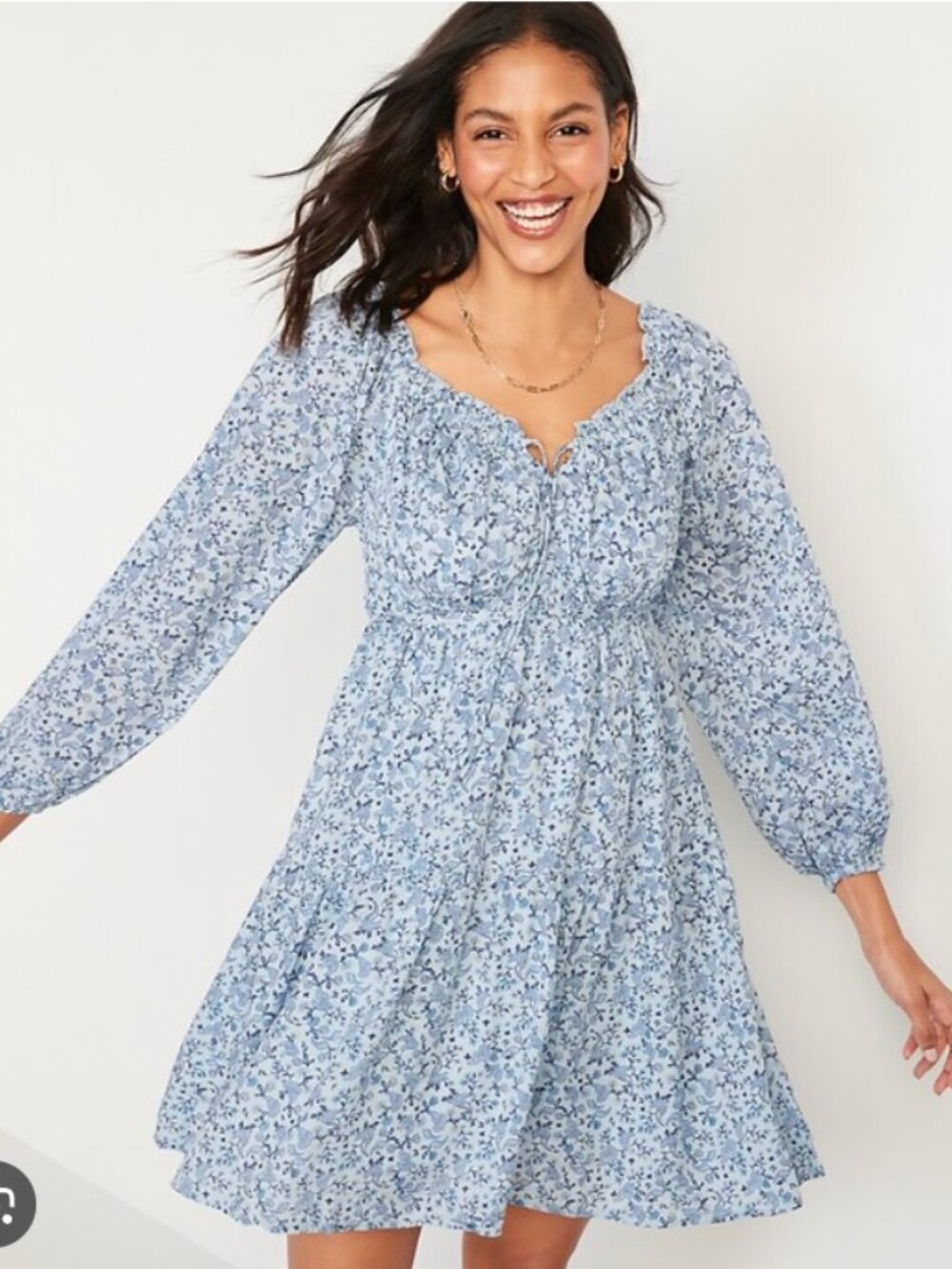 OLD NAVY Mini Poet Swing Dress Blue Ditsy Floral Large Tall Milkmaid Cottagecore